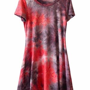 Red, Blue and Gray Tie-Dye Short Sleeve Tunic/Dress